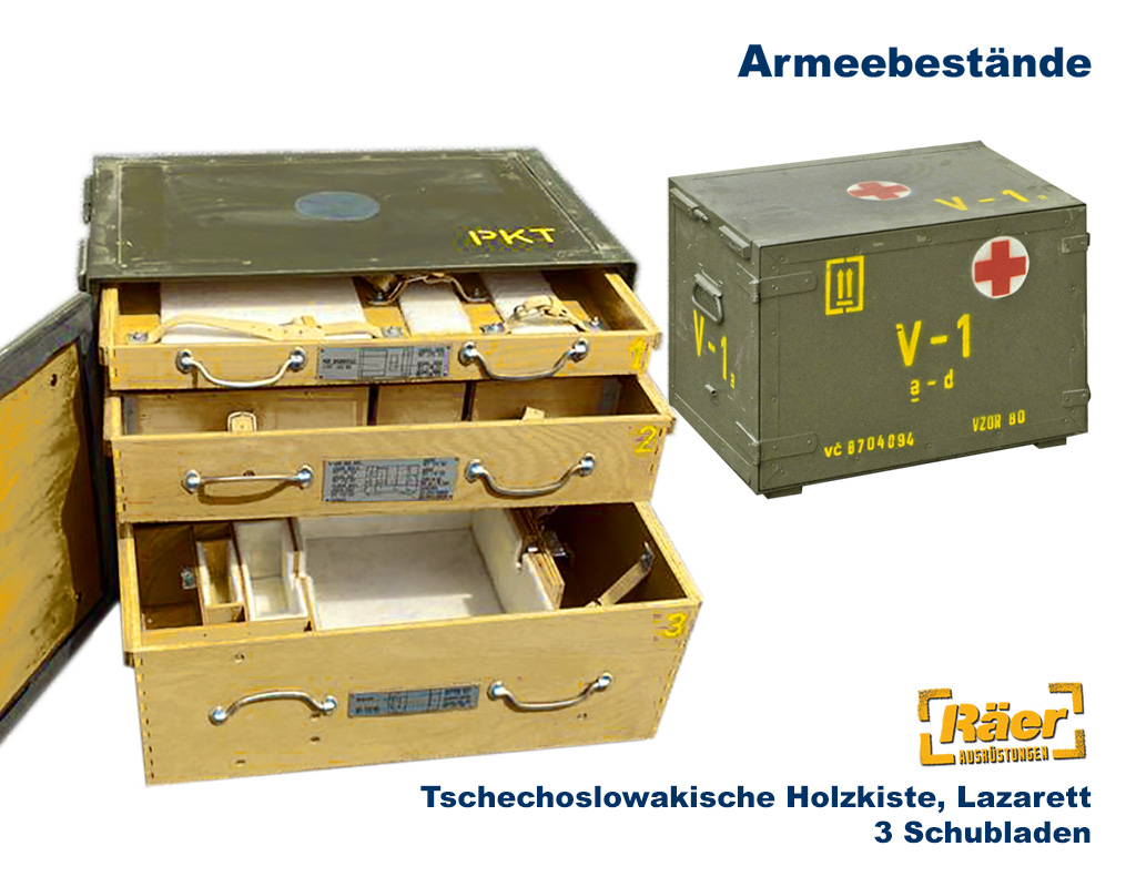 Tschechische Holzkiste, Lazarett, 3 Schubladen   B