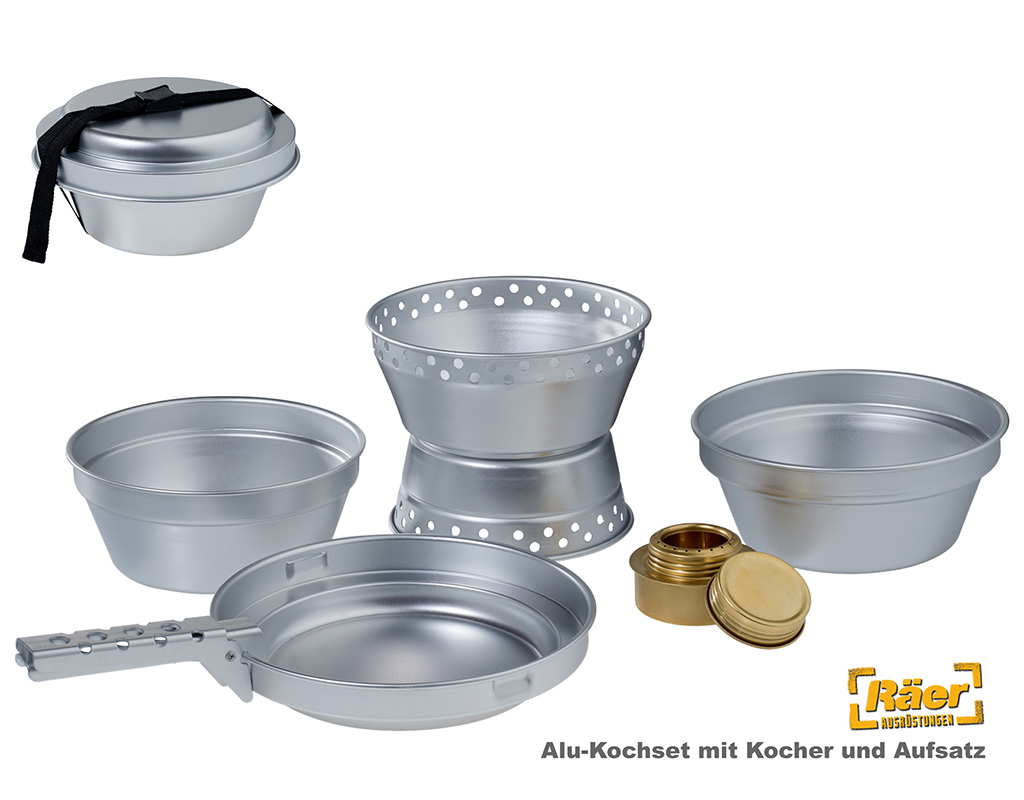 Koch-Set Alu - Kocher+Aufsatz, 2 Töpfe, Pfanne  A