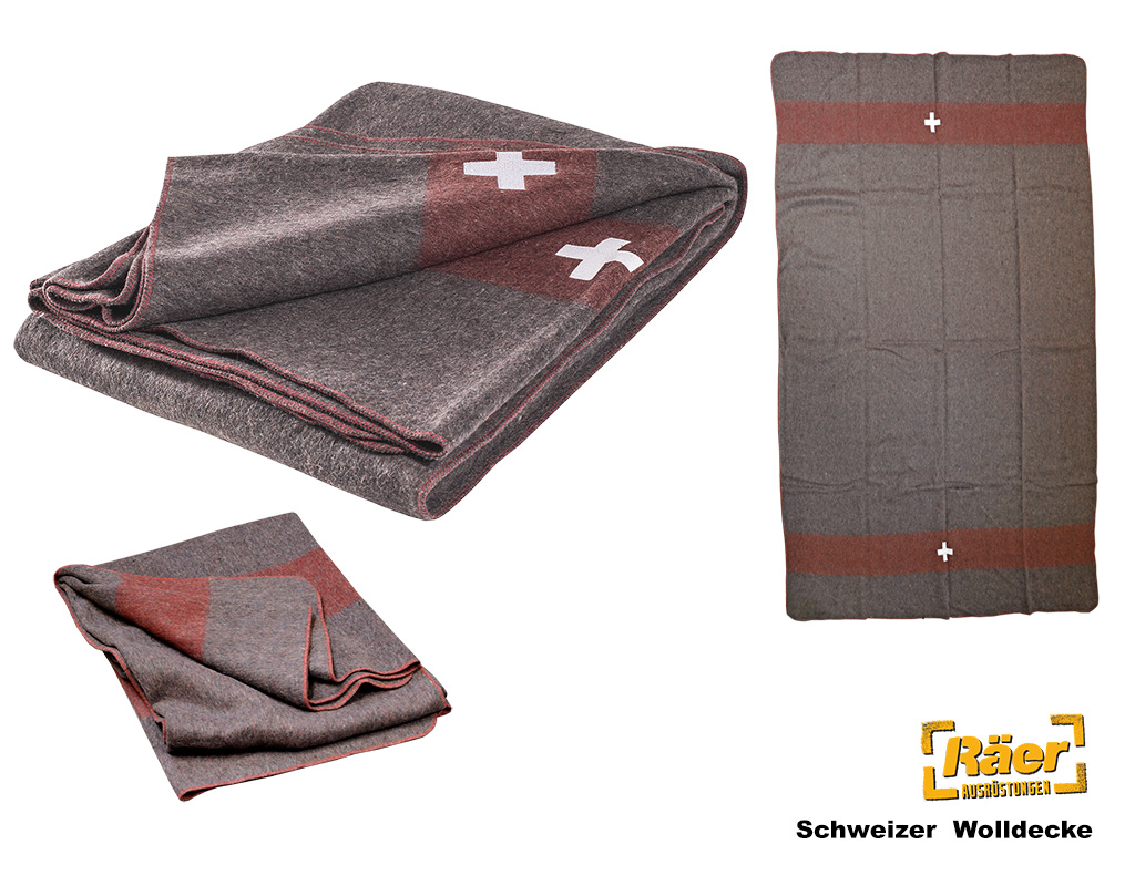Schweizer Wolldecke grau-rot; 220X150 cm    A